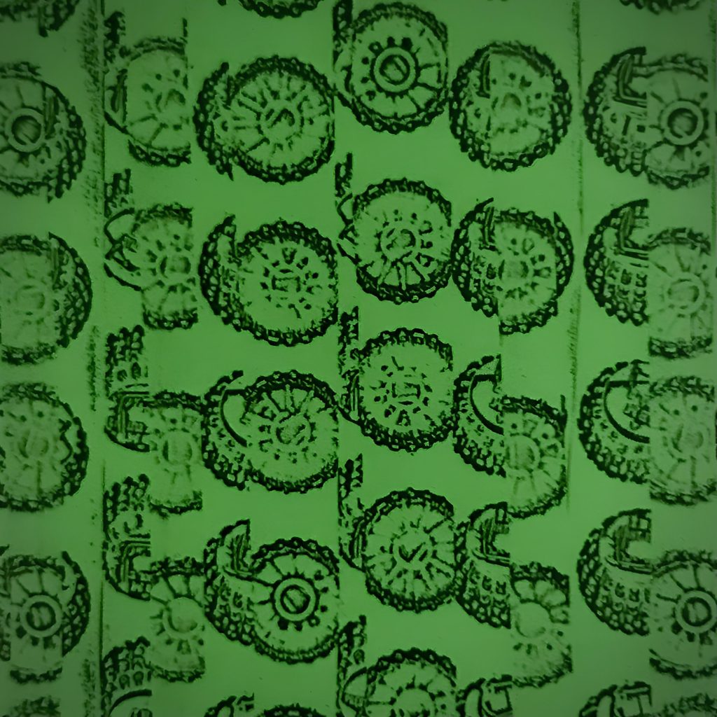 Photographed at the Whitney Museum in 2018 the image shows a print by artist Edward Meneeley from his series IBM drawings. The image is bright green and shows a component of a computer or maybe printer that is stamped across the page. You can find more information at The Whitney: https://whitney.org/collection/works/7225